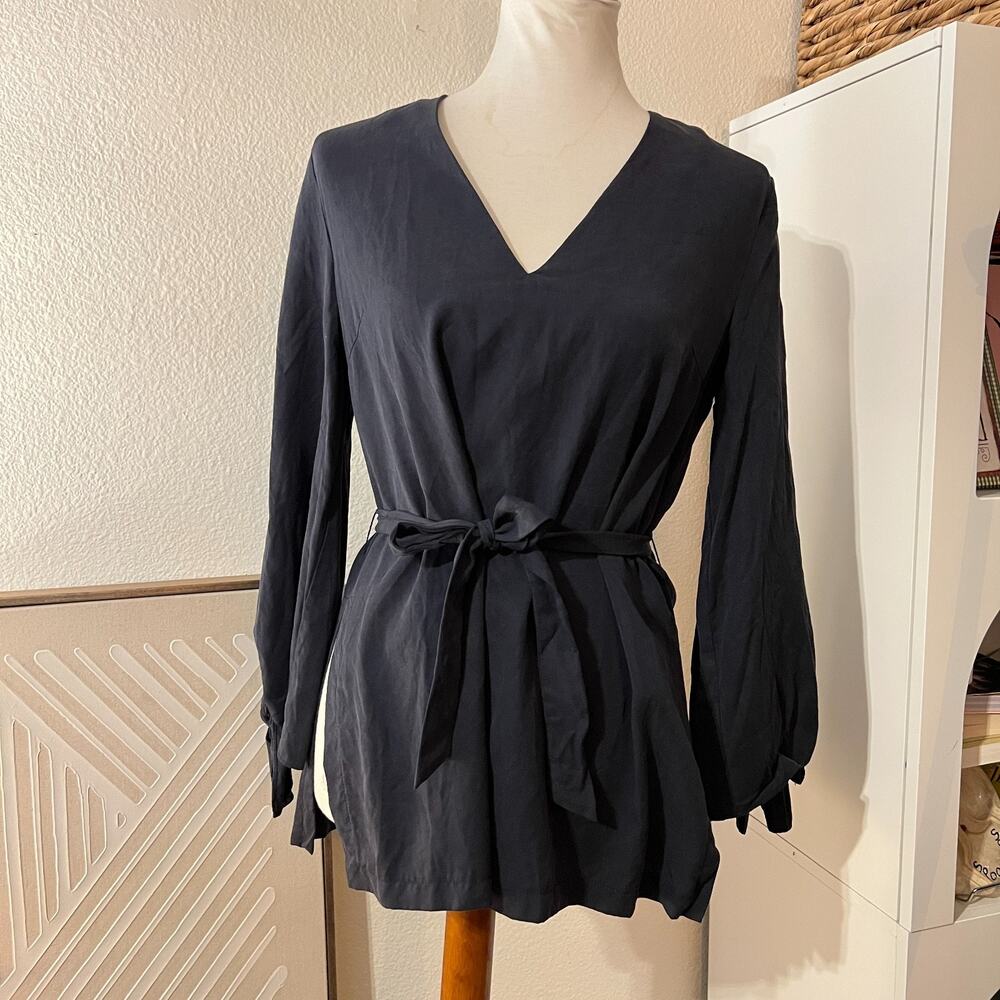 Do + Be‎ Womens Blue Tencel Tie Front Blouse Sz S Lagenlook Minimalist